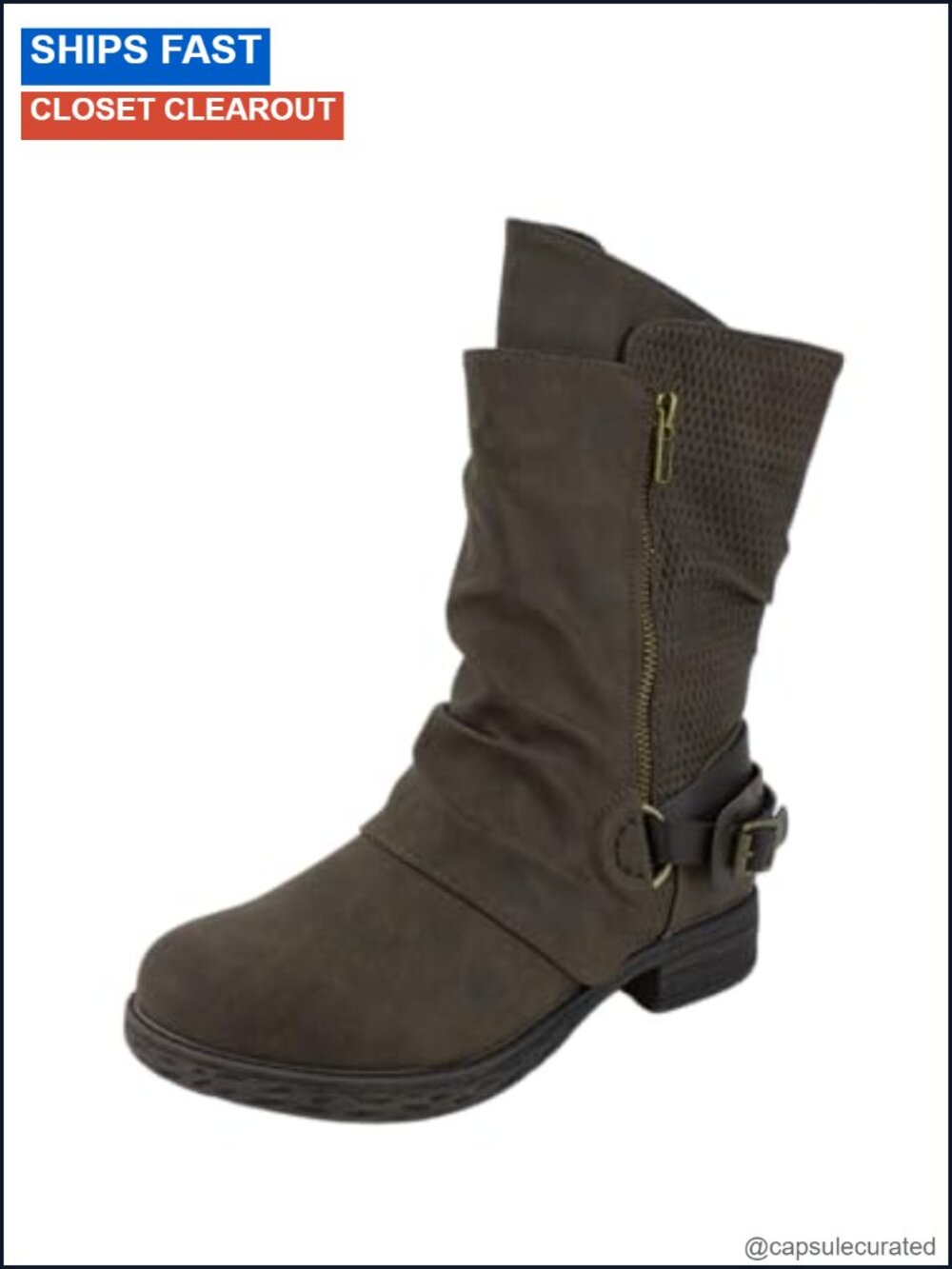 Mid-Calf Moto Boots Faux Leather Side Zipper Padded Insole